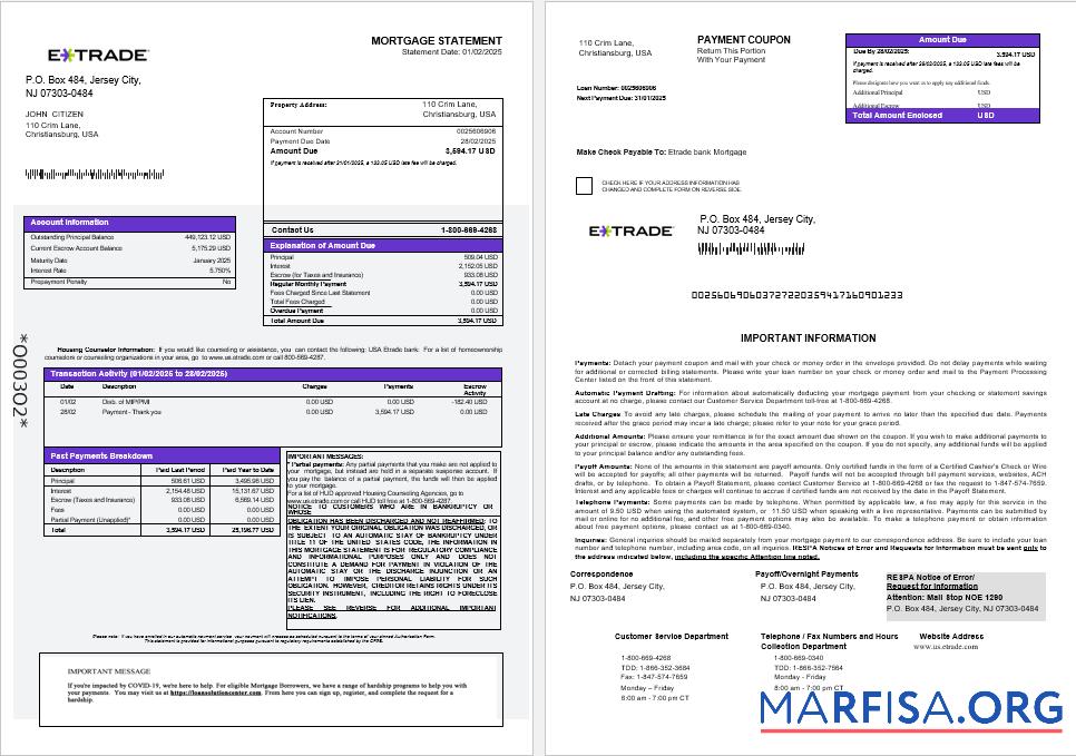 Downloadable USA Etrade bank mortgage statement in Word and PDF formats 1 2 download for verification